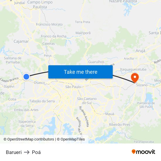 Barueri to Poá map