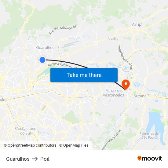 Guarulhos to Poá map