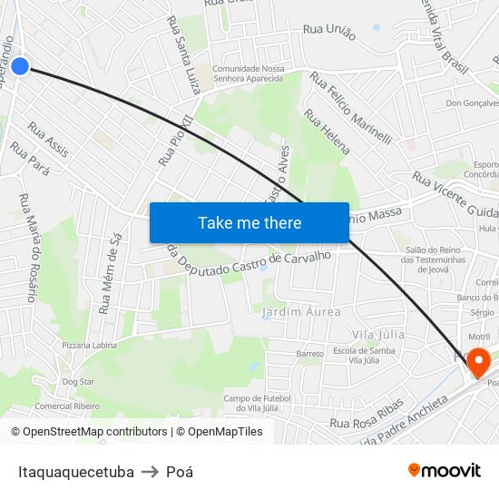 Itaquaquecetuba to Poá map