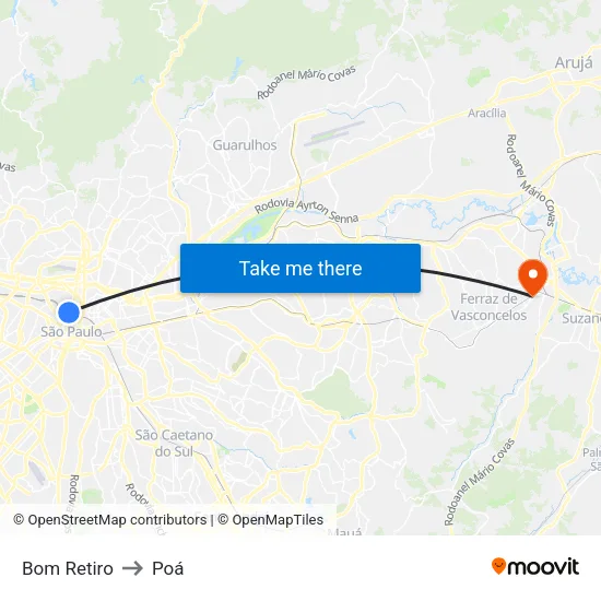 Bom Retiro to Poá map
