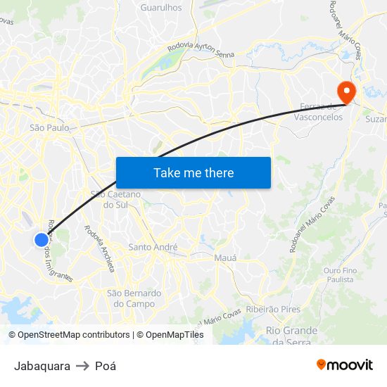 Jabaquara to Poá map