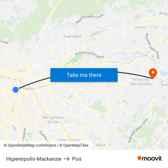 Higienópolis-Mackenzie to Poá map