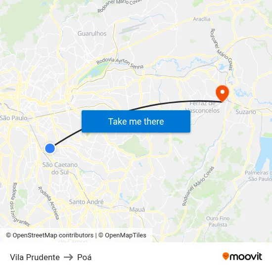 Vila Prudente to Poá map