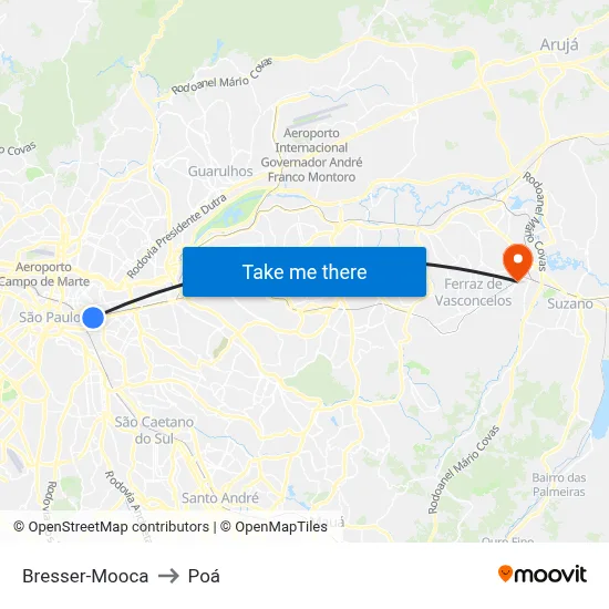 Bresser-Mooca to Poá map