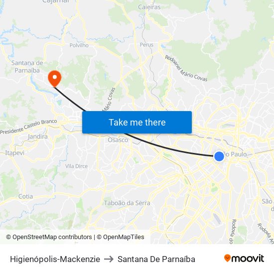 Higienópolis-Mackenzie to Santana De Parnaíba map