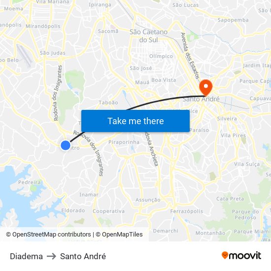 Diadema to Santo André map