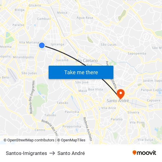 Santos-Imigrantes to Santo André map