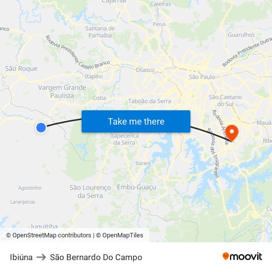 Ibiúna to São Bernardo Do Campo map