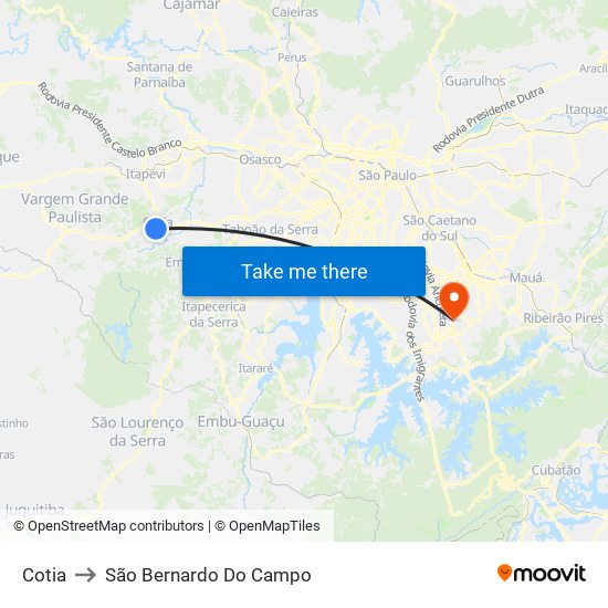 Cotia to São Bernardo Do Campo map