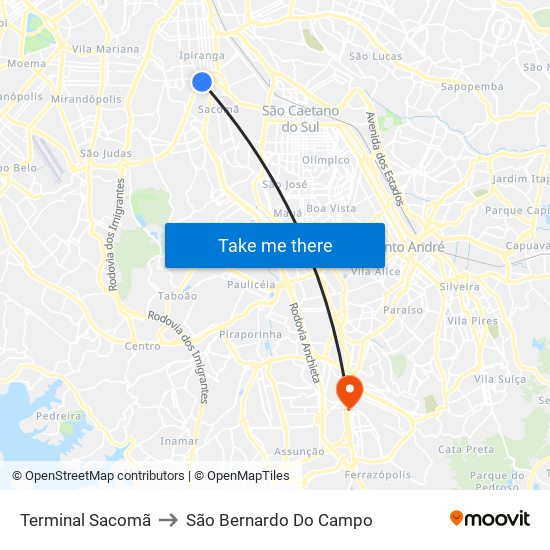 Terminal Sacomã to São Bernardo Do Campo map