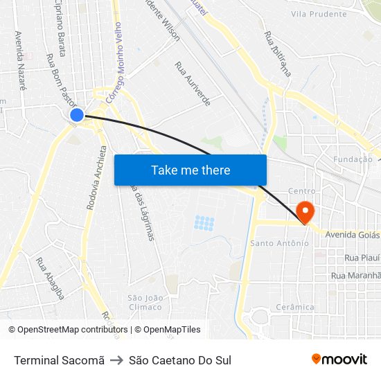 Terminal Sacomã to São Caetano Do Sul map