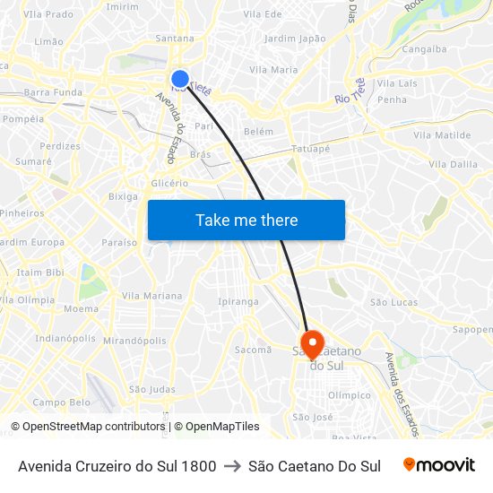 Avenida Cruzeiro do Sul 1800 to São Caetano Do Sul map