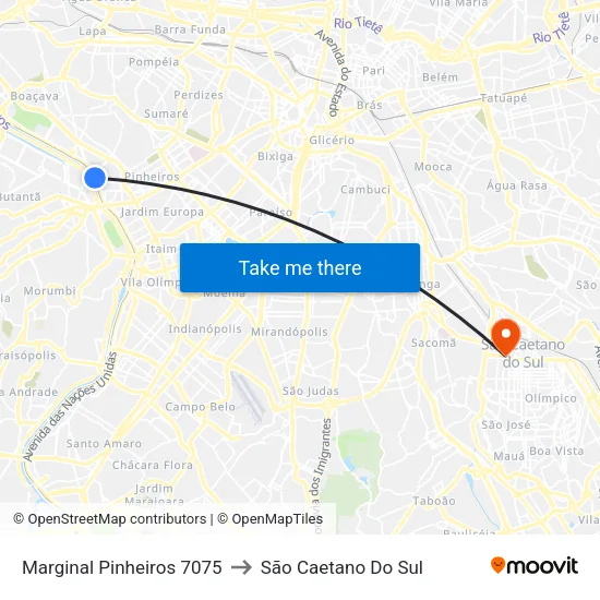 Marginal Pinheiros 7075 to São Caetano Do Sul map