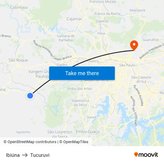 Ibiúna to Tucuruvi map