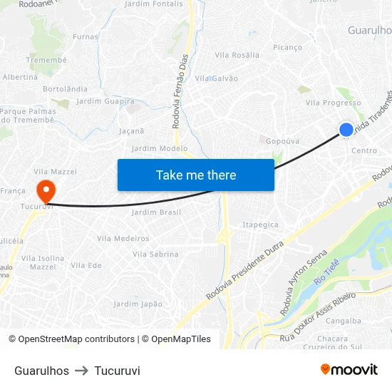 Guarulhos to Tucuruvi map