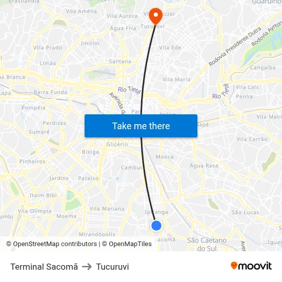 Terminal Sacomã to Tucuruvi map