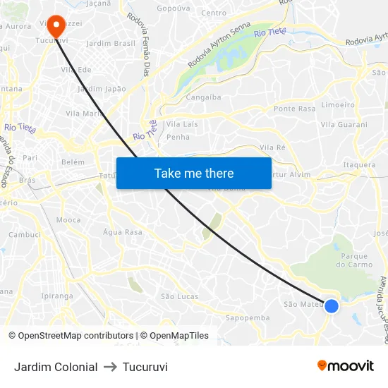 Jardim Colonial to Tucuruvi map