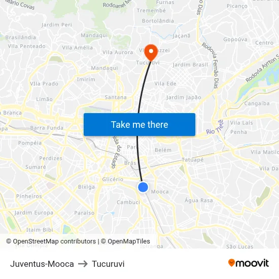 Juventus-Mooca to Tucuruvi map