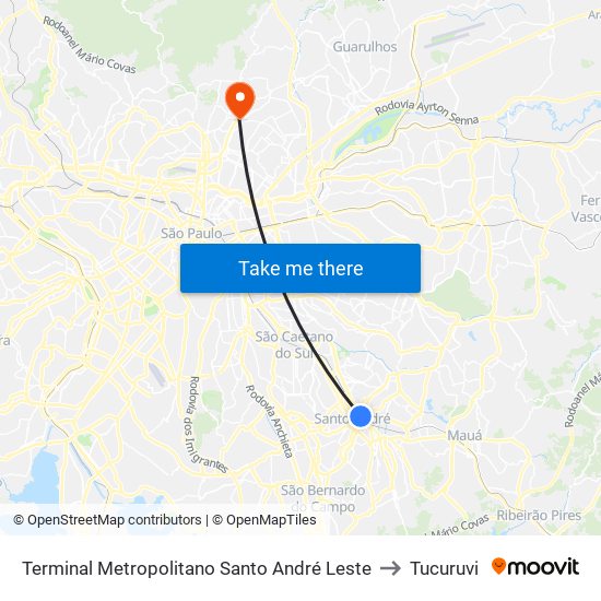 Terminal Metropolitano Santo André Leste to Tucuruvi map