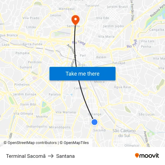 Terminal Sacomã to Santana map