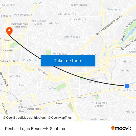 Penha - Lojas Besni to Santana map