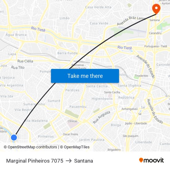 Marginal Pinheiros 7075 to Santana map