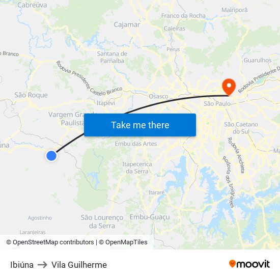 Ibiúna to Vila Guilherme map