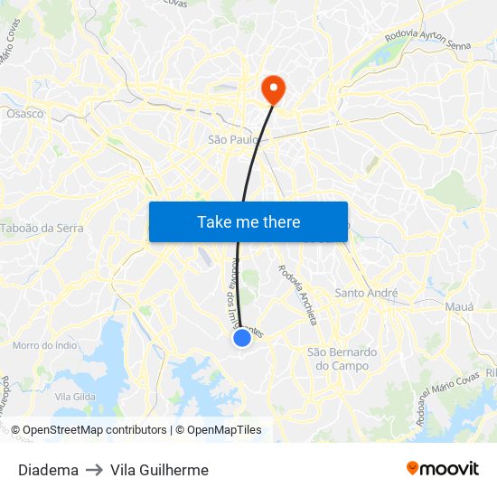 Diadema to Vila Guilherme map