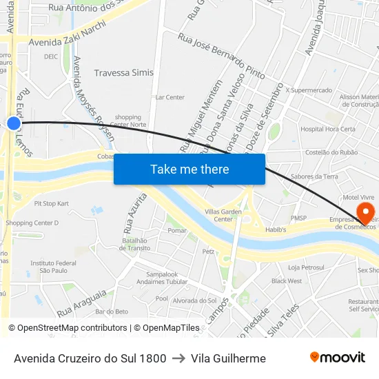 Avenida Cruzeiro do Sul 1800 to Vila Guilherme map