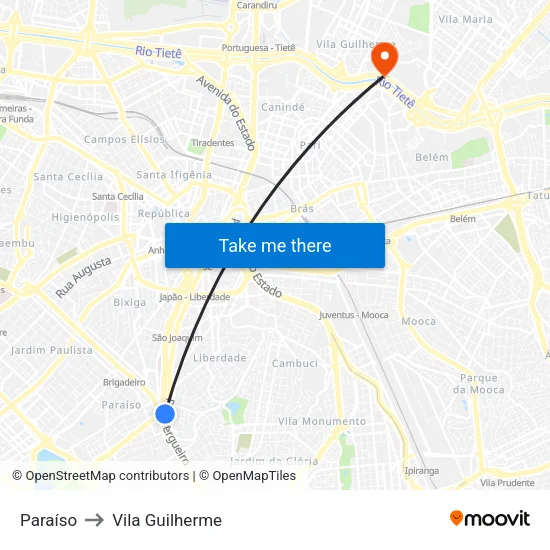 Paraíso to Vila Guilherme map