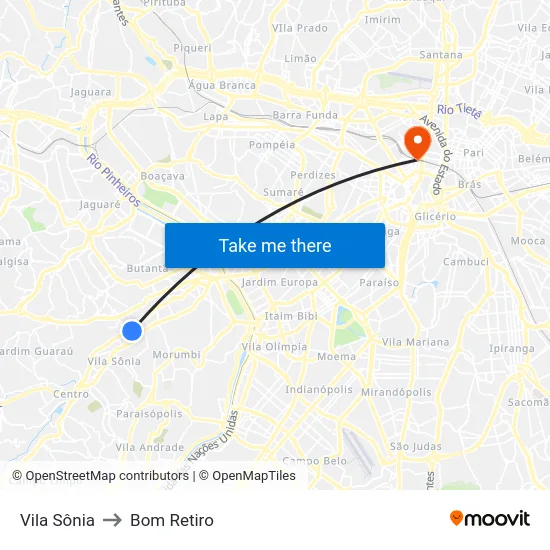 Vila Sônia to Bom Retiro map