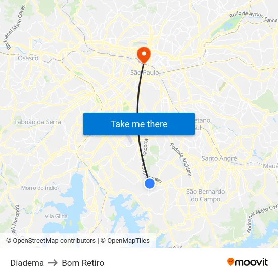 Diadema to Bom Retiro map