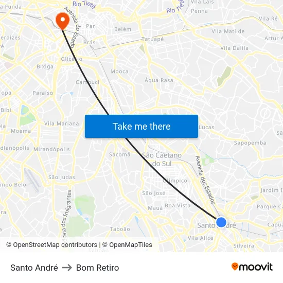 Santo André to Bom Retiro map