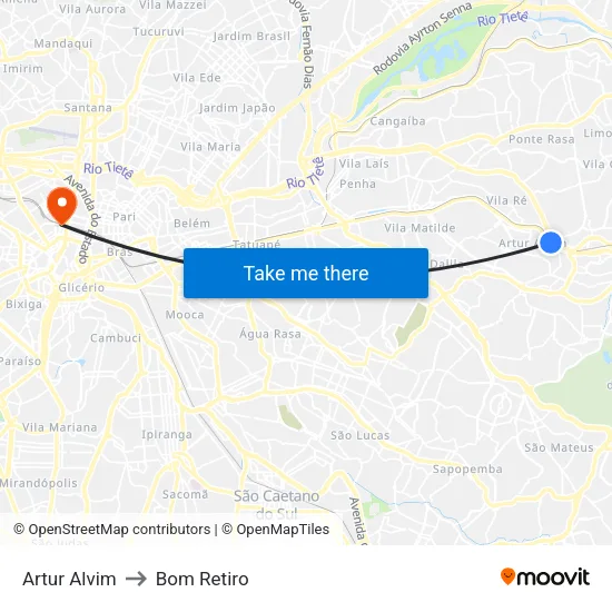 Artur Alvim to Bom Retiro map