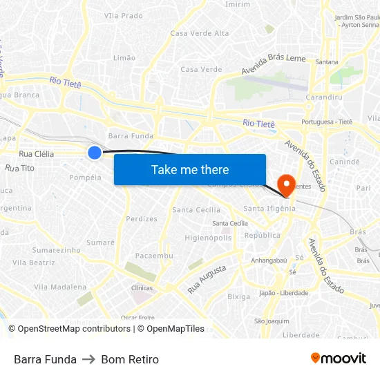 Barra Funda to Bom Retiro map