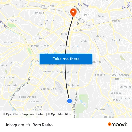 Jabaquara to Bom Retiro map
