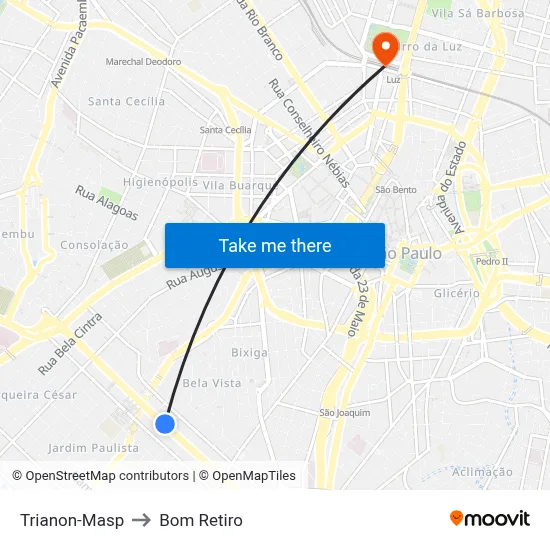Trianon-Masp to Bom Retiro map
