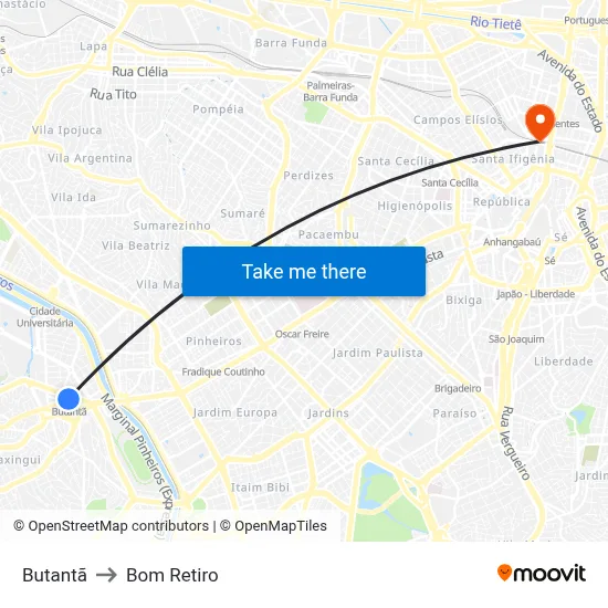 Butantã to Bom Retiro map