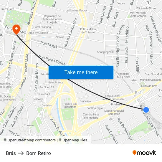 Brás to Bom Retiro map