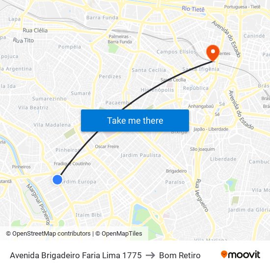 Avenida Brigadeiro Faria Lima 1775 to Bom Retiro map