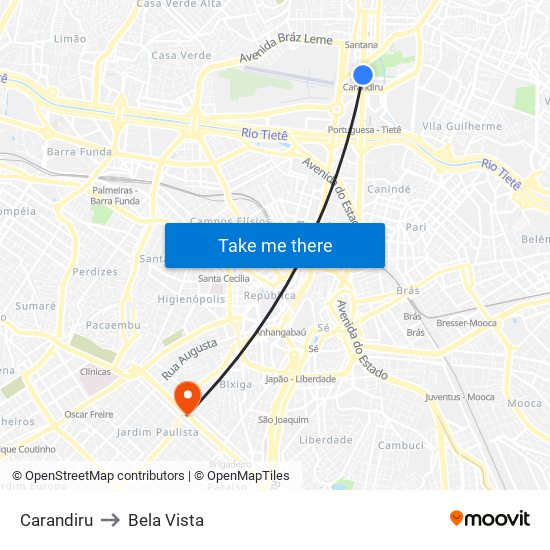 Carandiru to Bela Vista map