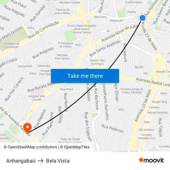 Anhangabaú to Bela Vista map