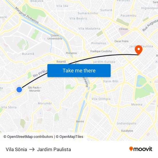 Vila Sônia to Jardim Paulista map