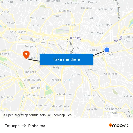 Tatuapé to Pinheiros map