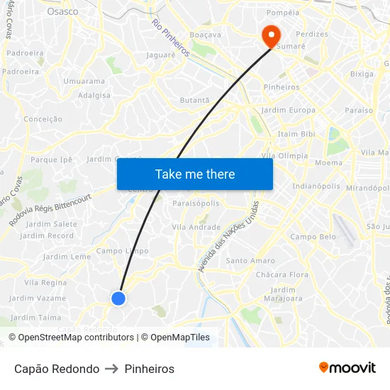 Capão Redondo to Pinheiros map