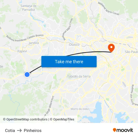 Cotia to Pinheiros map