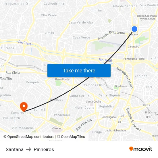 Santana to Pinheiros map