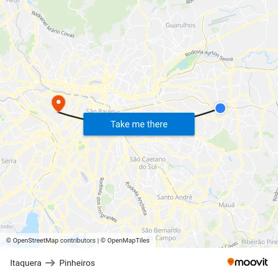 Itaquera to Pinheiros map