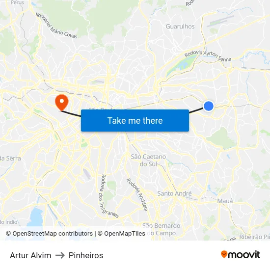 Artur Alvim to Pinheiros map