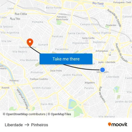 Liberdade to Pinheiros map